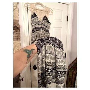 Poof tribal gray white cream navy blue black maxi dress hippie size L US
